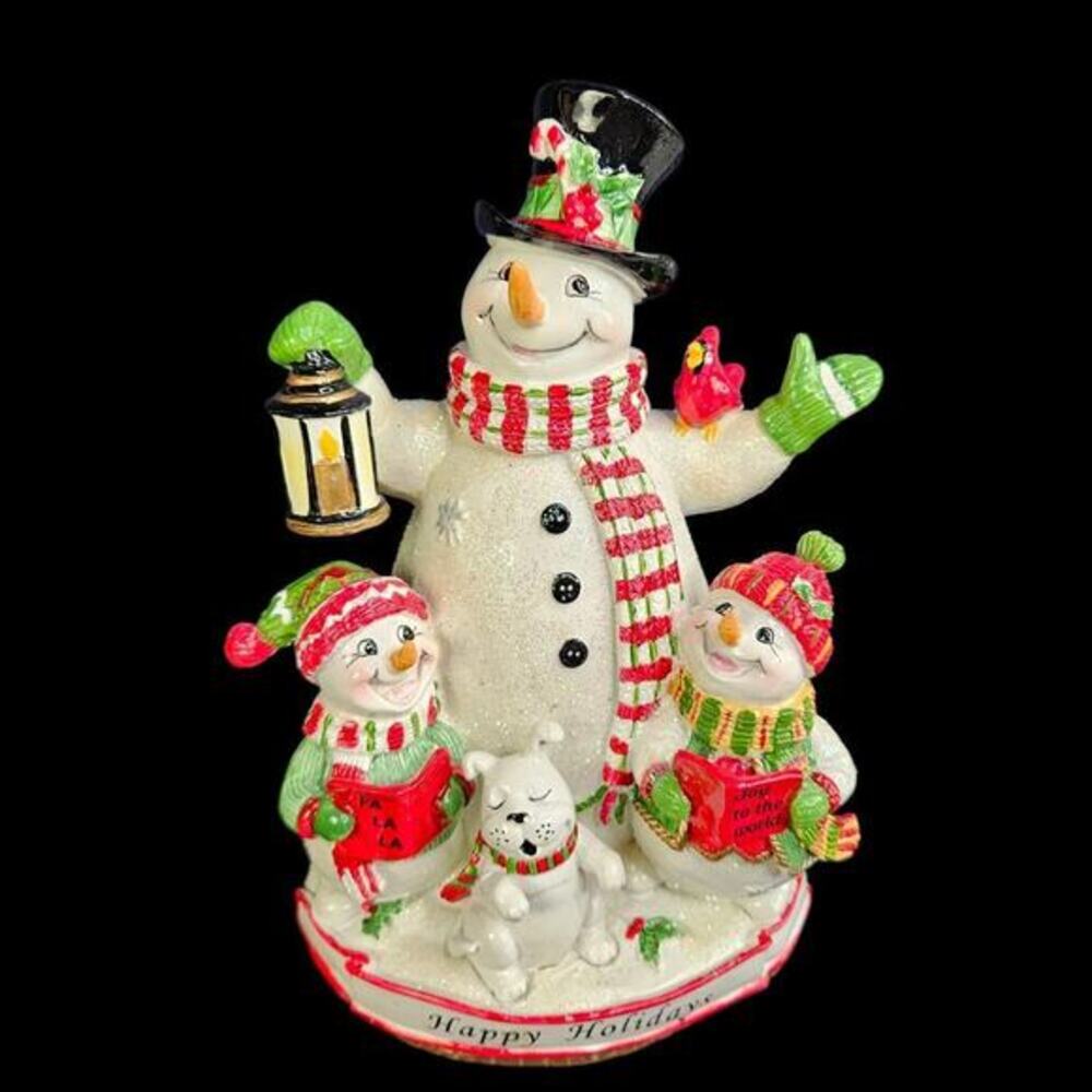 Fitz and Floyd Christmas Musical Caroling Snowman‎ Family W Dog Joy to the World